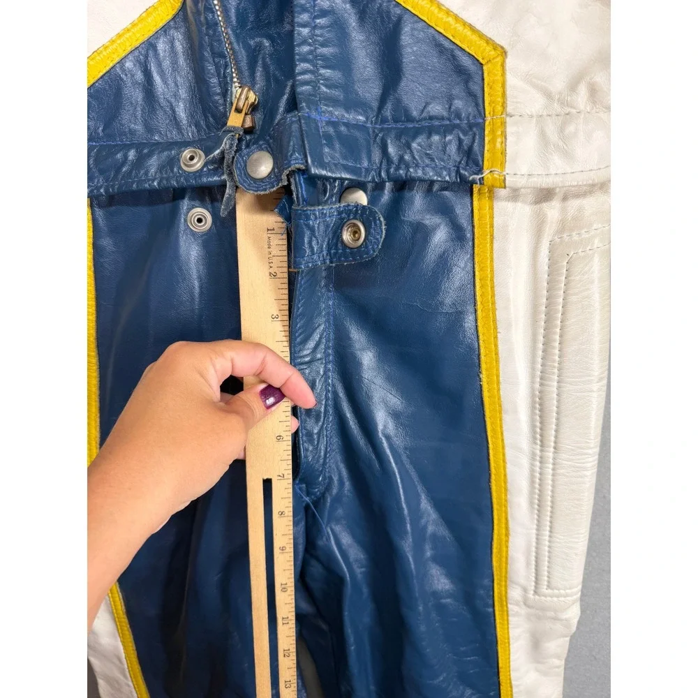 Vintage Leather Motorcycle Racing Suit Blue White Yellow handmade Jumpsuit